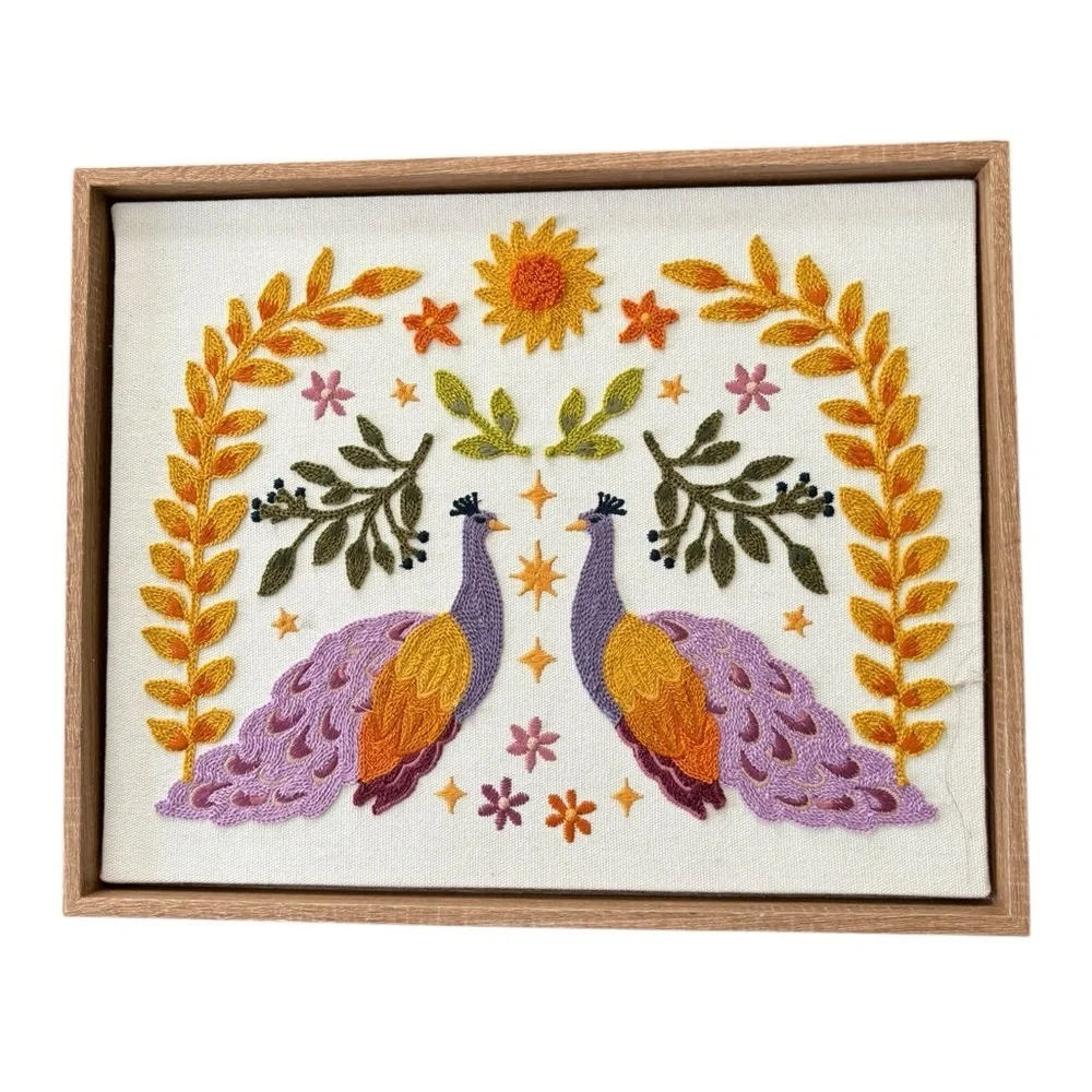 Latin Folk Art Inspired Woven Embroidered Wall Art 12X15 Framed  Peacocks Leaves